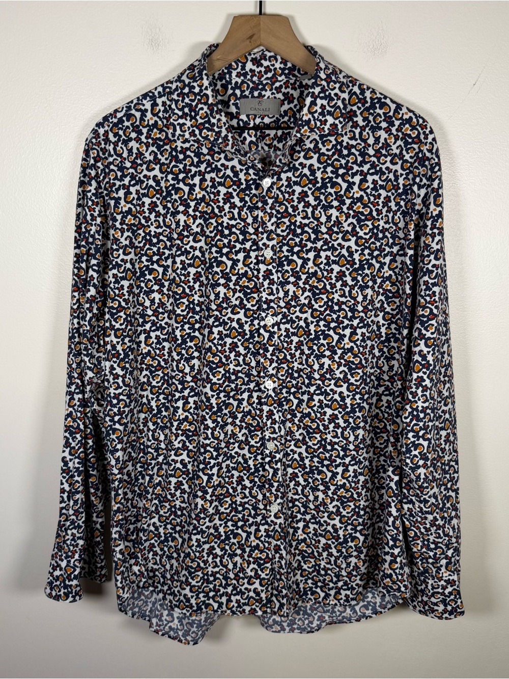 Canali Italy Abstract Floral Print Button Front Shirt Men XXL Blue White Luxury